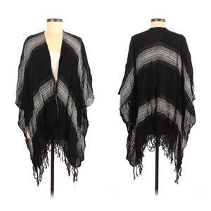Linen Cotton Boho Stripe Fringe Kimono One Size Black White Poncho Coverup Beach